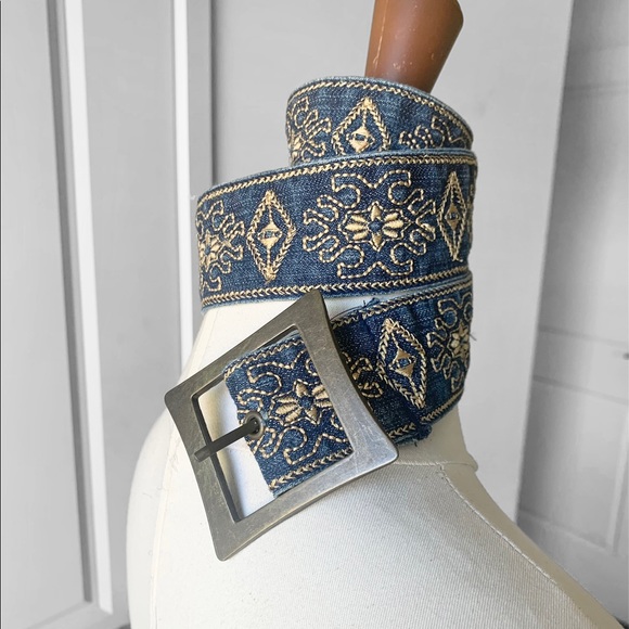 Vintage Retro Gold Embroidered Denim Blue Boho Fashion Belt - Picture 4 of 6